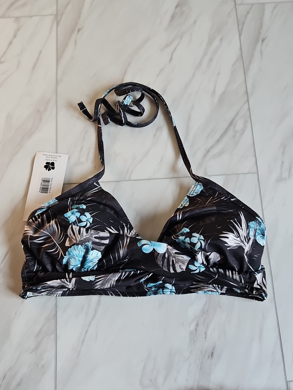 Hapari Black Floral Halter Bikini Top with Blue and Pink Flowers